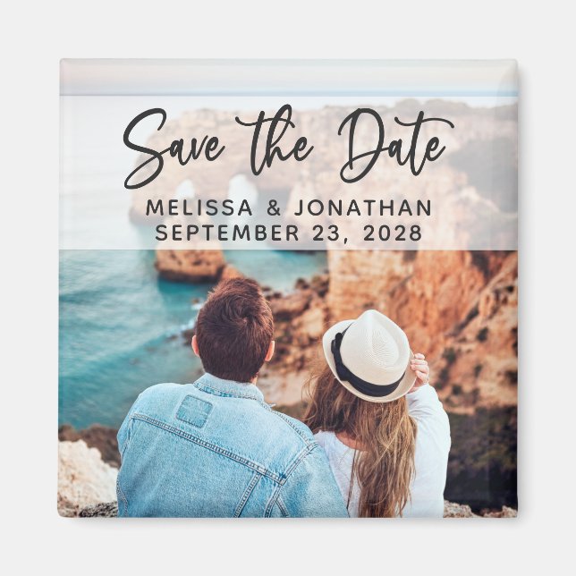 Modern script simple elegant photo save the date magnet (Front)