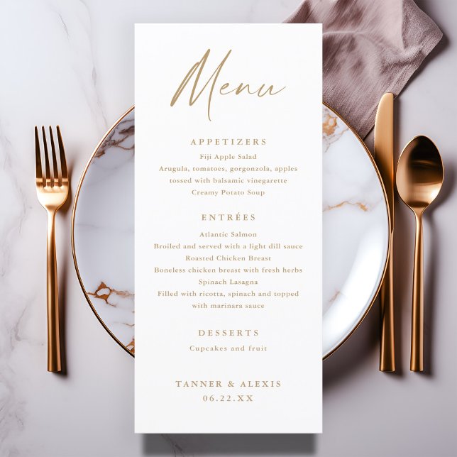 Modern Script Simple Gold Wedding Menu (Modern simple gold script wedding menu.)