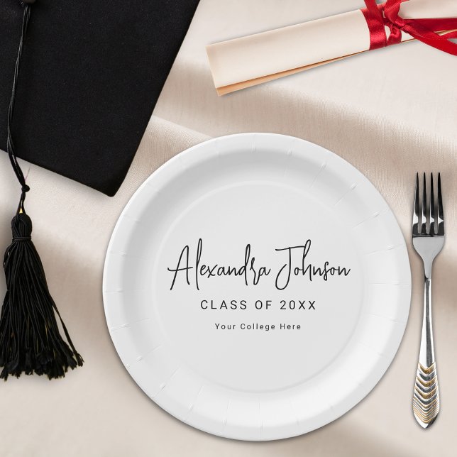 Modern Script Simple Graduation Party Paper Plates (Modern trendy black script graduation party personalize paper plates College or high school graduate)