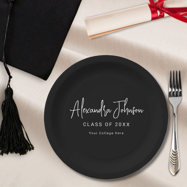 Modern Script Simple Graduation Party Paper Plates (Modern elegant black and white script graduation party custom paper plates stylish trendy chic )