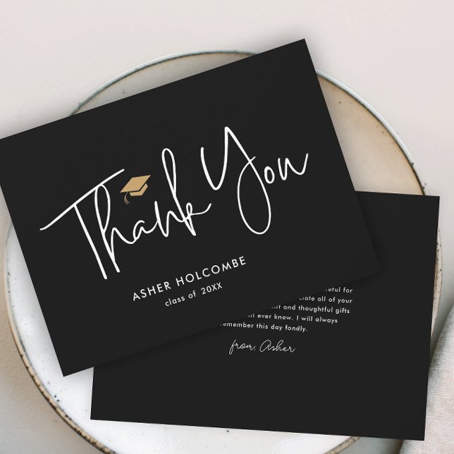 Modern Script Simple Graduation Thank You Card (Modern script black and white graduation cap graduation thank you note cards.)