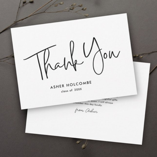 Modern Script Simple Graduation Thank You Card (Simple handwritten black and white graduation thank you cards.)