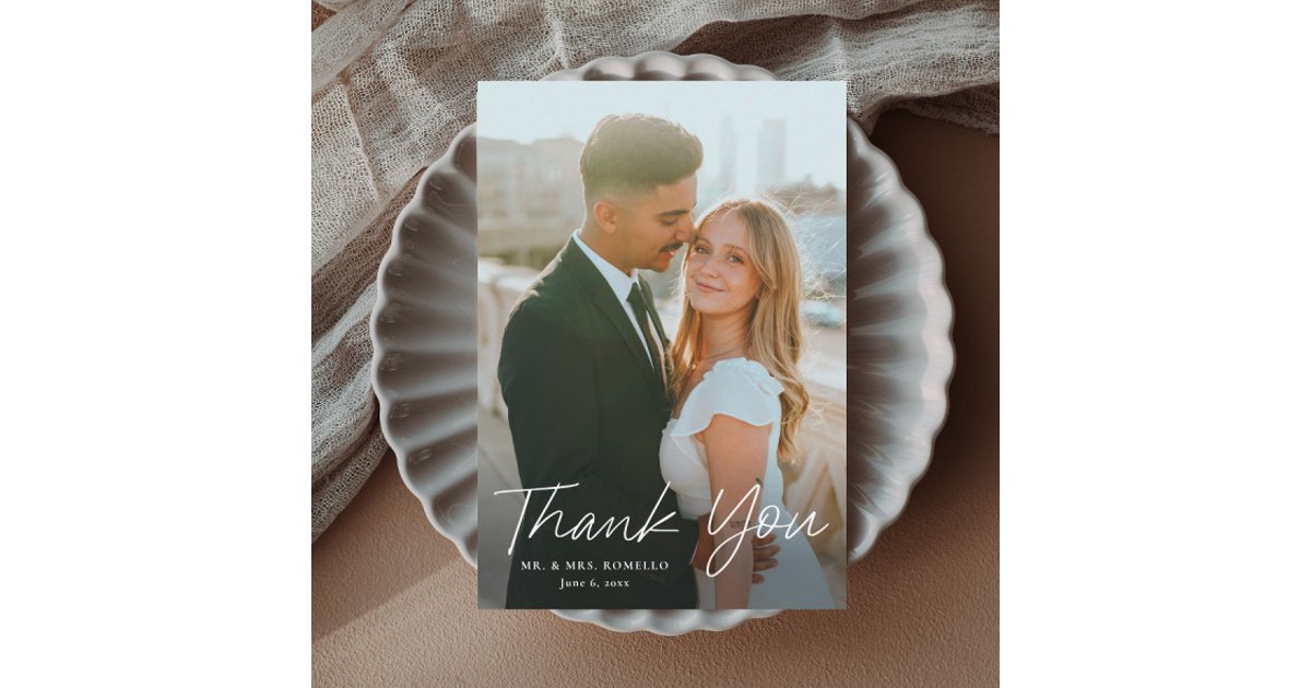 Modern Script Simple Petite Photo Wedding Thank You Card | Zazzle