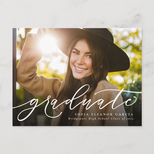Modern script simple photo graduation invitation postcard (Front)