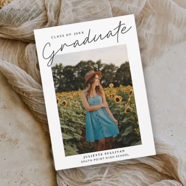 Modern Script Simple Photo Graduation Invitations (Modern script black and white minimal photo graduation invitation.)