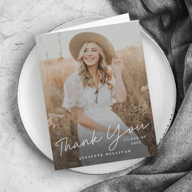 Modern Script Simple Photo Graduation Letterpress Thank You Card (Creator Uploaded)