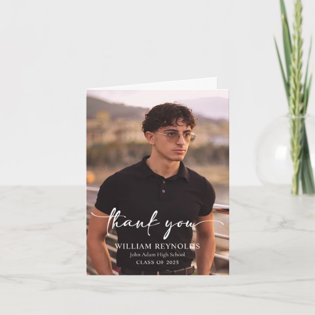 Modern Script Simple Photo Graduation Letterpress Thank You Card (Front)
