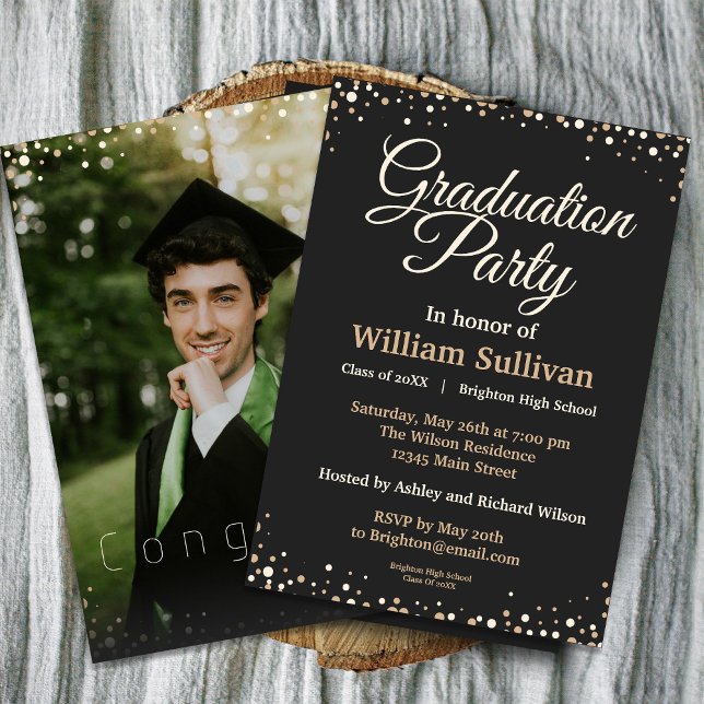 Modern Script Simple Photo Graduation Party Invitation (Celebrate your graduation in style with this Gold Sparkles Graduation Party Invitation. #sparkles)