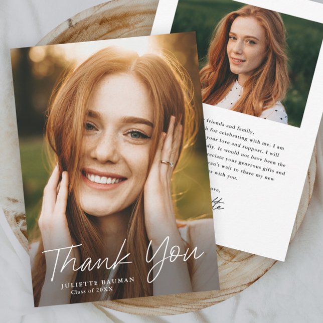 Modern Script Simple Photo Graduation Thank You Card (Simple modern script photo graduation thank you card.)
