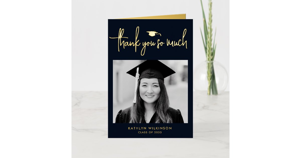 Modern Script Simple Photo Graduation Thank You Foil Greeting Card | Zazzle