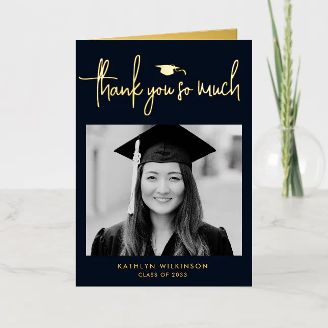 Modern Script Simple Photo Graduation Thank You Foil Greeting Card | Zazzle