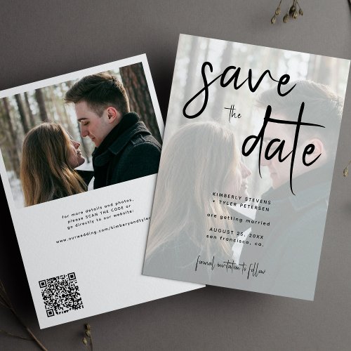 Modern script simple photo QR code wedding Save The Date