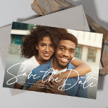 Modern script simple photo save the date magnetic invitation<br><div class="desc">A bold modern script "save the date" in white accents a single horizontal photo. This magnetic card is a great way to announce your engagement and upcoming wedding to friends and family. The custom text has plenty of room for the bride and groom names, plus the date, location and any...</div>