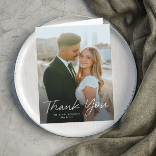 Modern Script Simple Photo Wedding Letterpress Thank You Card