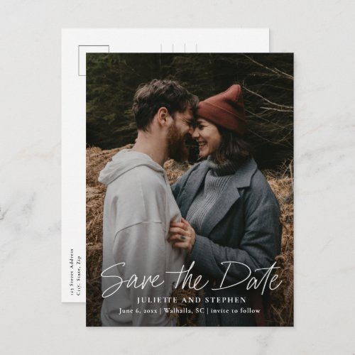 Modern Script Simple Photo Wedding Save the Date Postcard