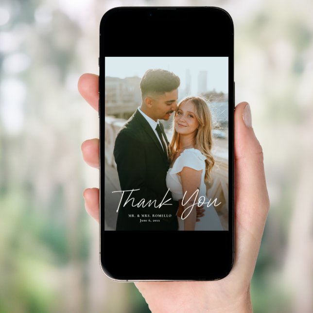 Modern Script Simple Photo Wedding Thank You Card (Front Digital)