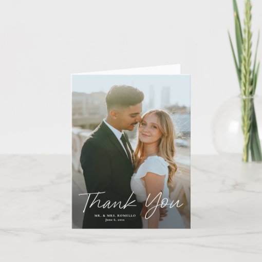 Modern Script Simple Photo Wedding Thank You Card | Zazzle