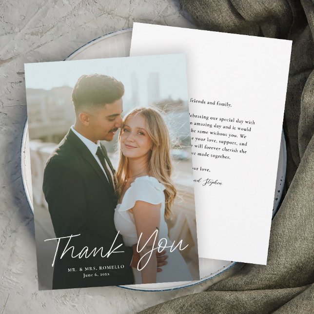Modern Script Simple Photo Wedding Thank You Card (Handwritten script photo wedding thank you cards.)