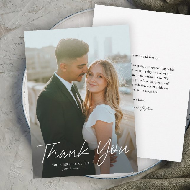 Modern Script Simple Photo Wedding Thank You Card (Modern script photo wedding thank you card with full bleed photo typography overlay.)