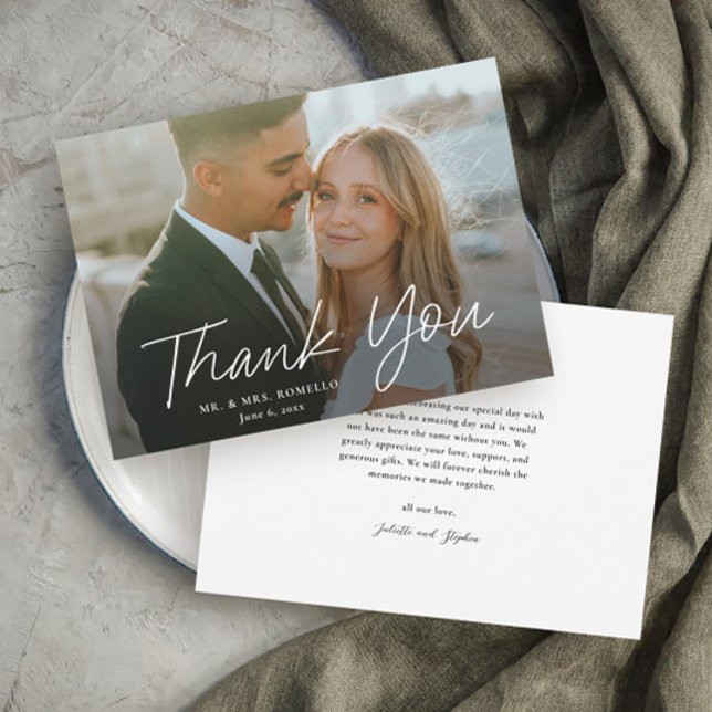 Modern Script Simple Photo Wedding Thank You Card (Modern script typography simple wedding photo thank you card.)
