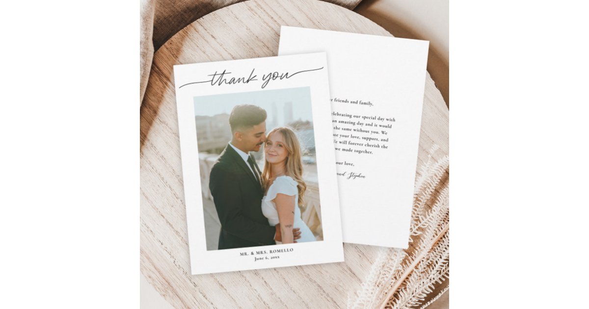 Modern Script Simple Photo Wedding Thank You Card | Zazzle