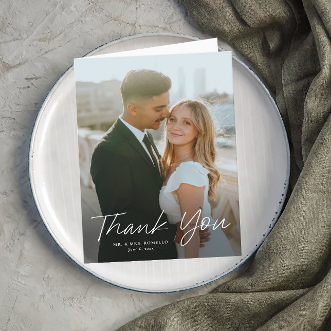 Modern Script Simple Photo Wedding  Thank You Card (Simple script wedding photo thank you card.)