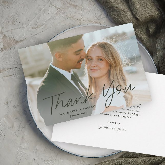 Modern Script Simple Photo Wedding Thank You Card (Modern script photo wedding thank you card.)
