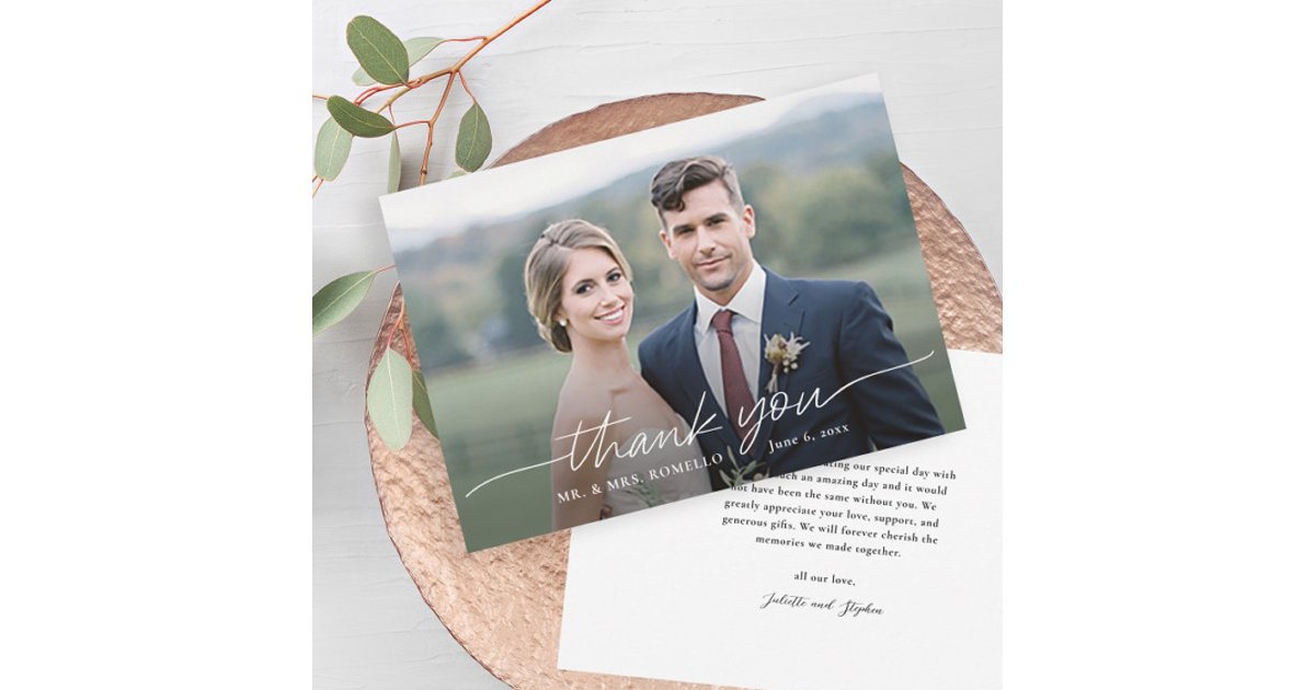 Modern Script Simple Photo Wedding Thank You Card | Zazzle