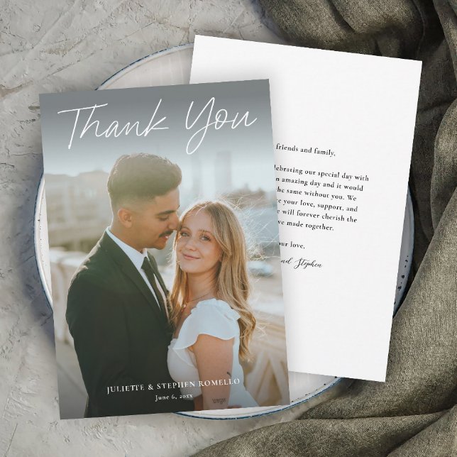 Modern Script Simple Photo Wedding Thank You Card (Modern script photo wedding thank you card with full bleed photo typography overlay.)