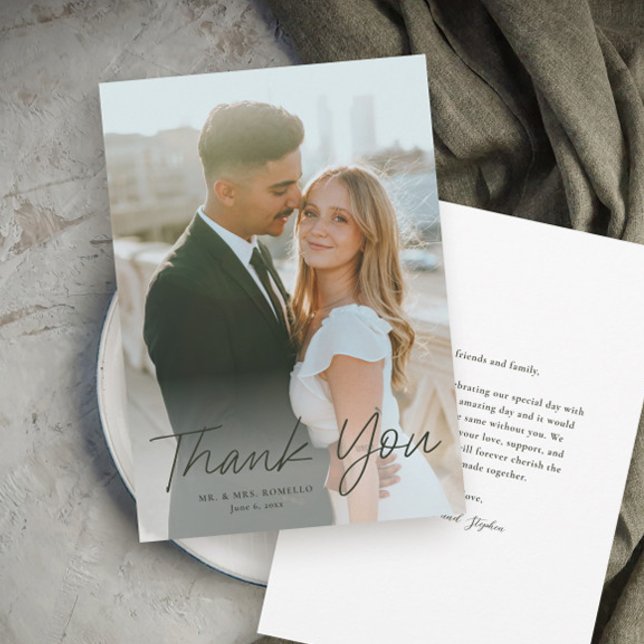 Modern Script Simple Photo Wedding Thank You Card (Modern script photo wedding thank you card with full bleed photo typography overlay.)