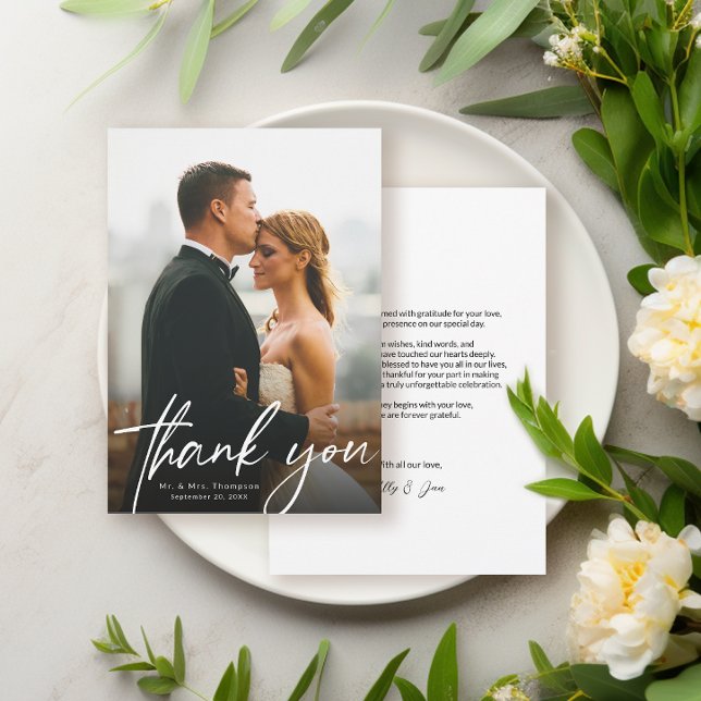 Modern Script Simple Photo Wedding Thank You Card (Modern typography script, wedding photo thank you card with personal message.)