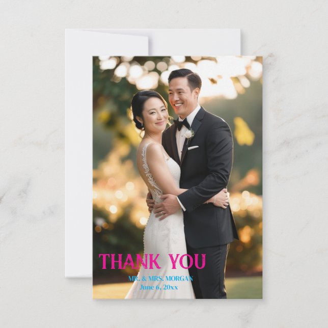 Modern Script Simple Photo Wedding Thank You Card (Front)