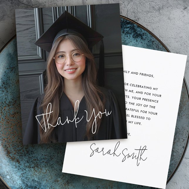 Modern script simple photo white graduation thank you card (Modern script simple photo white graduation thank you card)