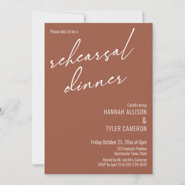 Modern Script Simple Rehearsal Dinner Terracotta Invitation (Front)