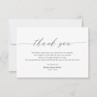 Modern Script Simple Sympathy Thank You Card | Zazzle