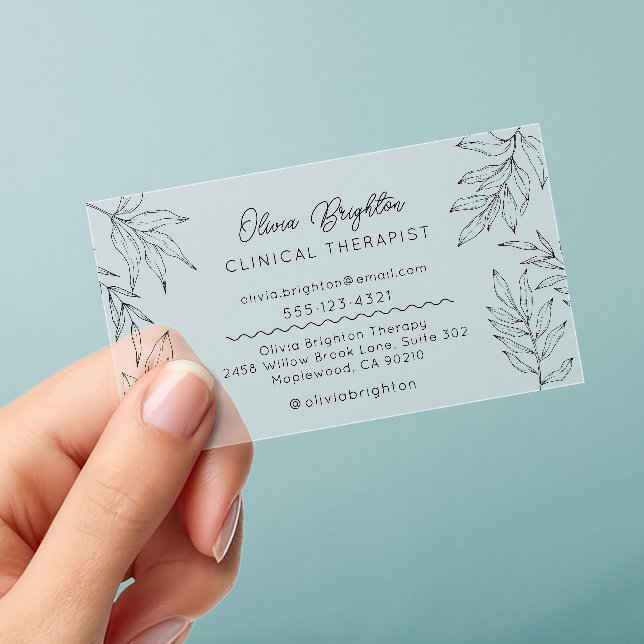 Modern Script Simple Therapist Clear Business Cards (Handheld)