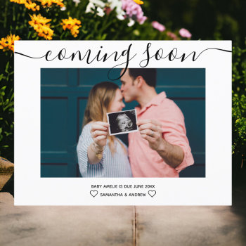 Modern Script Simple Typography Photo Pregnancy Announcement Postcard by girly_trend at Zazzle