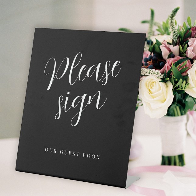 Modern script simple wedding guest book black pedestal sign (Creator Uploaded)