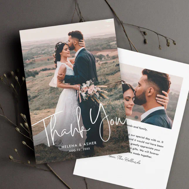 Modern Script Simple Wedding Photo Thank You Card | Zazzle