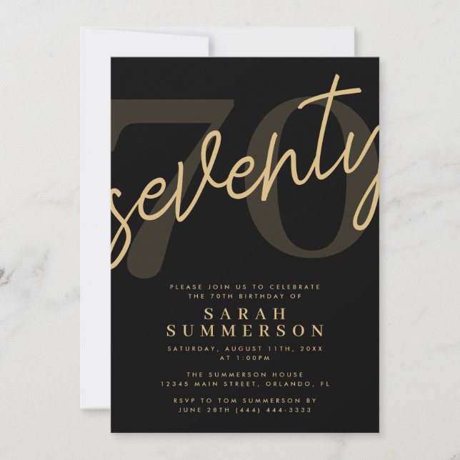 Modern Script Sixty Black Gold 70th Birthday Party Invitation (Front)