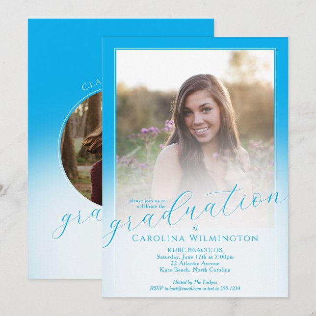 Modern Script Sky Blue Ombre Photo Graduation Invitation (Front/Back)