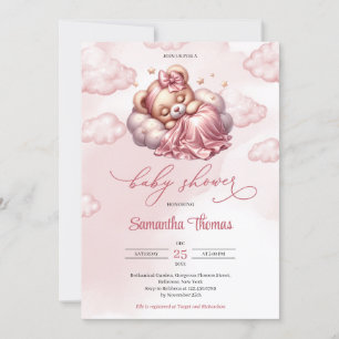 Modern script sleeping bear girl Baby Shower Invitation