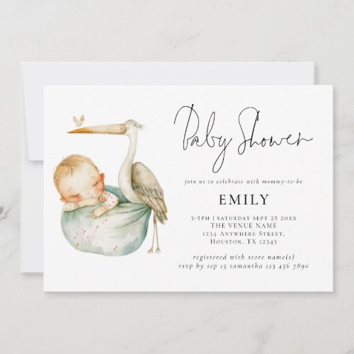 Modern Script Stork and Baby Shower Invitation