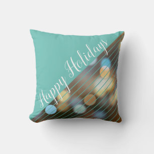 Modern Script Stripes Bokeh Christmas Holiday Throw Pillow