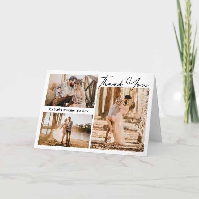 modern script stylish wedding 3 photos collage letterpress thank you card (Front)