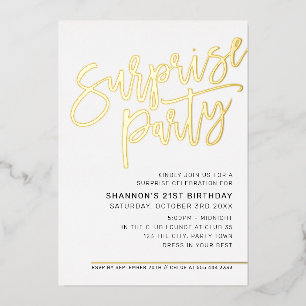 MODERN SCRIPT surprise birthday party black gold Foil Invitation