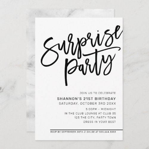 MODERN SCRIPT surprise birthday party black white Invitation