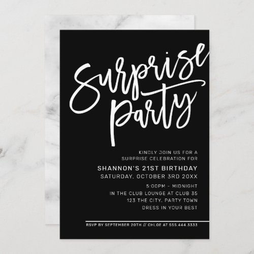 MODERN SCRIPT surprise birthday party black white Invitation