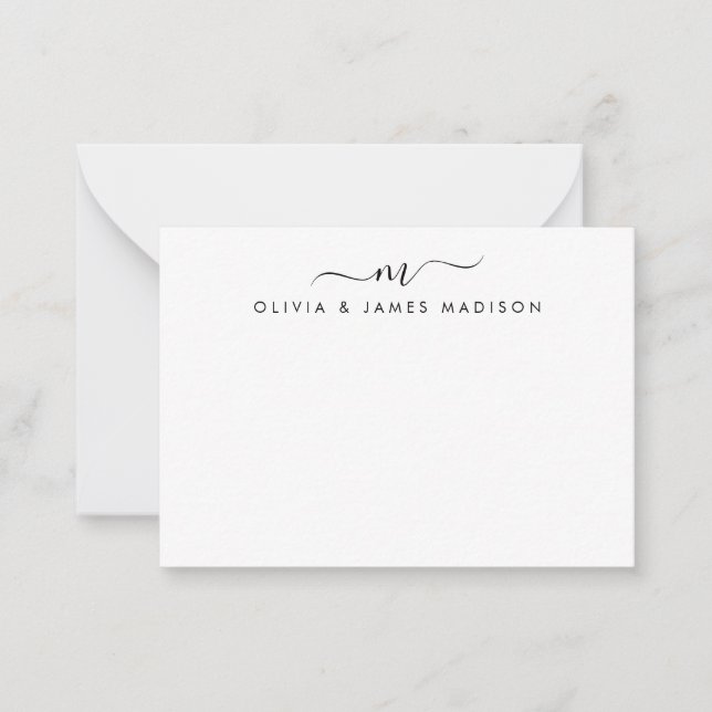 Modern Script Swash Monogram Couple Stationery Note Card (Front)