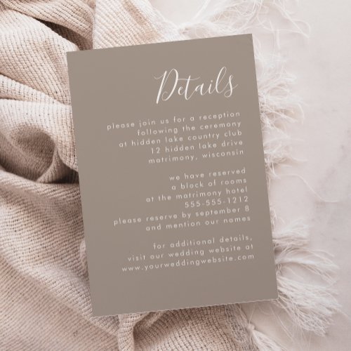 Modern Script Taupe Wedding Details Enclosure Card